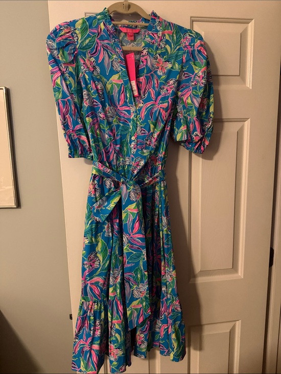 Lilly Pulitzer Dresses & Skirts - Lilly Pulitzer Turquoise Floral Midi Dress with Pink & Lime Leaves